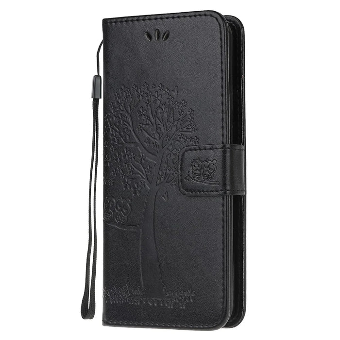 Imprint Tree Owl Leather Wallet Stand Phone Shell for Samsung Galaxy A71 - Black - 2