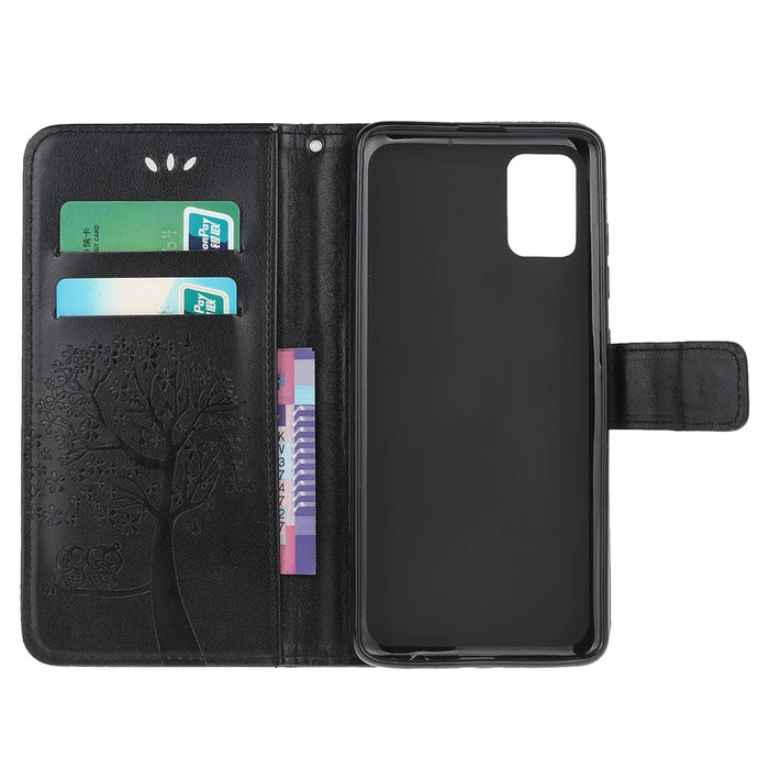 Imprint Tree Owl Leather Wallet Stand Phone Shell for Samsung Galaxy A71 - Black - 5