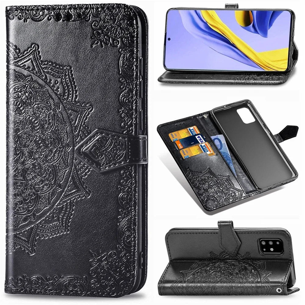 Embossed Mandala Flower Leather Wallet Covering Case for Samsung Galaxy A51 - Black - 1