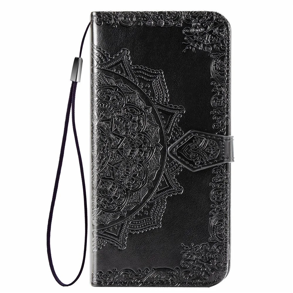 Embossed Mandala Flower Leather Wallet Covering Case for Samsung Galaxy A51 - Black - 2