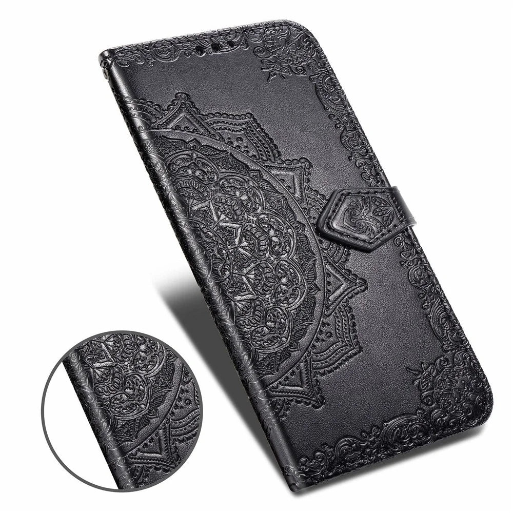 Embossed Mandala Flower Leather Wallet Covering Case for Samsung Galaxy A51 - Black - 3