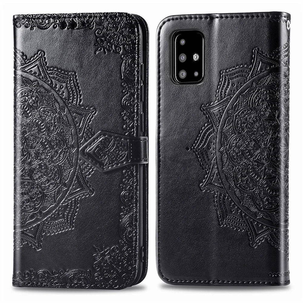 Embossed Mandala Flower Leather Wallet Covering Case for Samsung Galaxy A51 - Black - 5