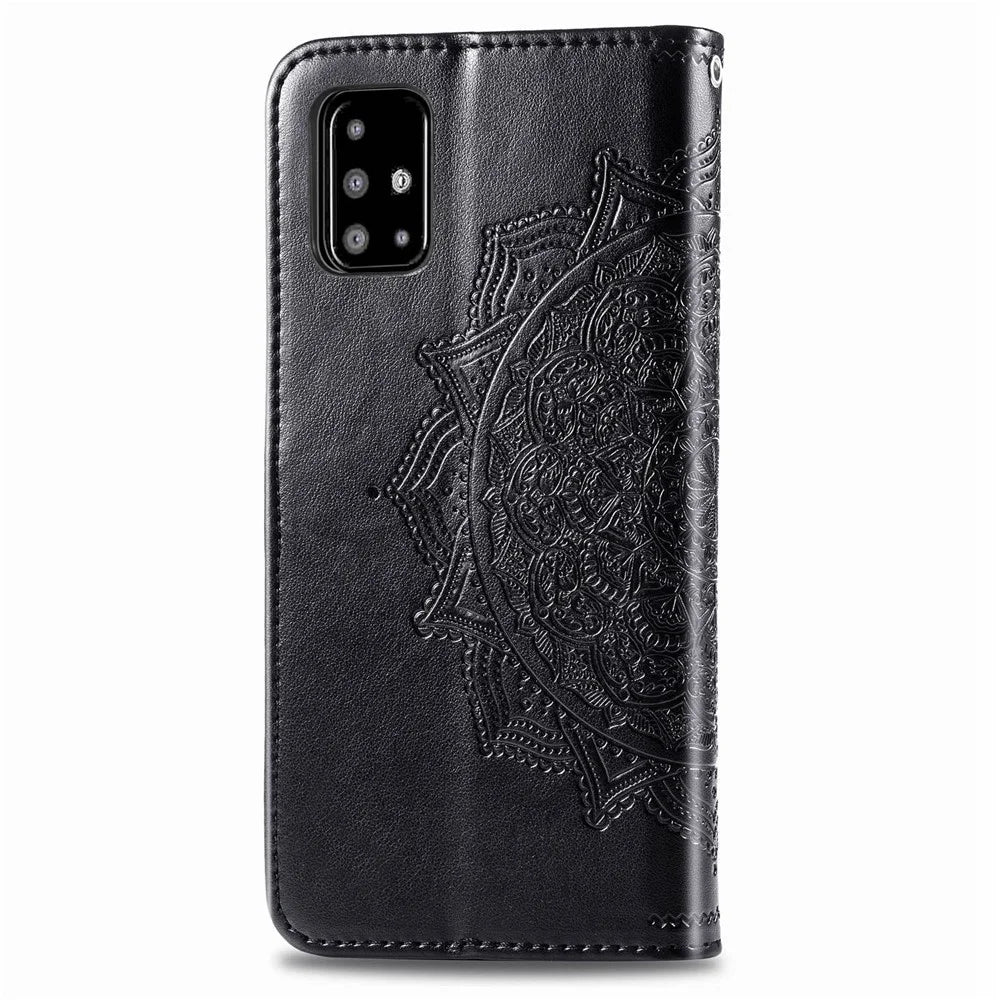Embossed Mandala Flower Leather Wallet Covering Case for Samsung Galaxy A51 - Black - 7