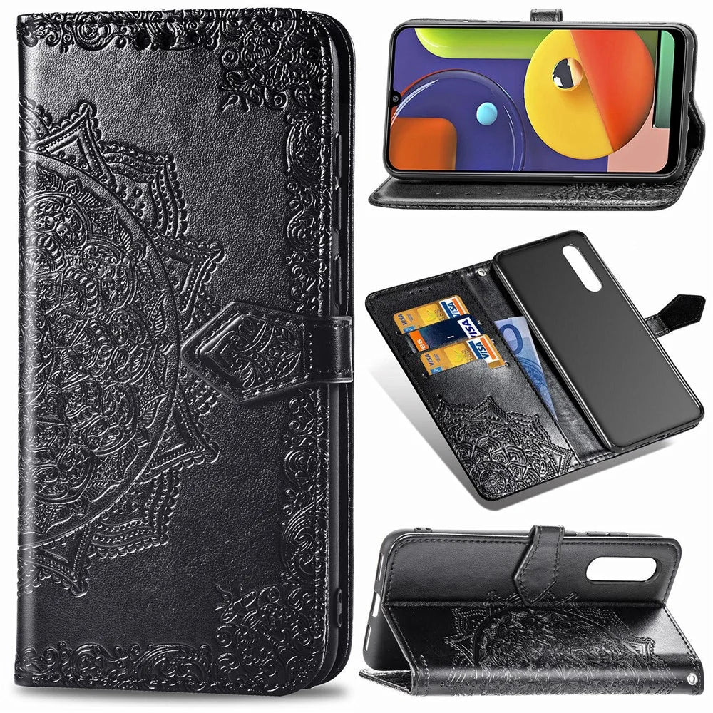 Embossed Mandala Flower Wallet Stand Leather Case for Samsung Galaxy A50s/A50/A30s - Black - 1