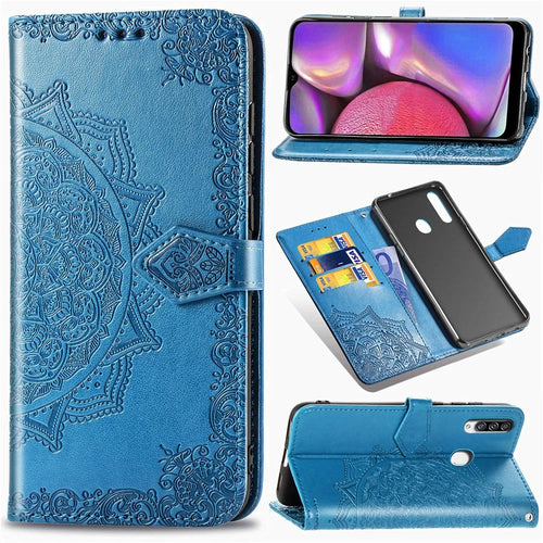 Embossed Mandala Flower Wallet Stand Leather Phone Case for Samsung Galaxy A20s - Blue - 1