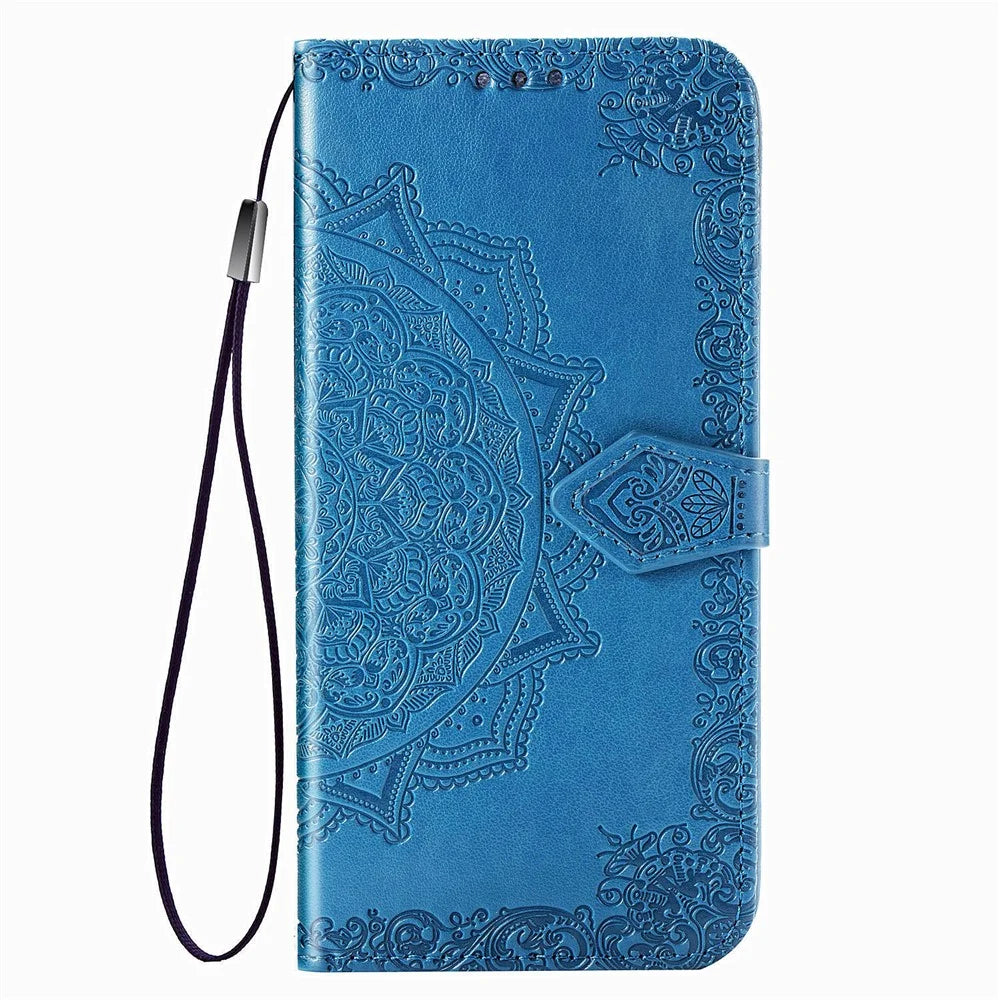 Embossed Mandala Flower Wallet Stand Leather Phone Case for Samsung Galaxy A20s - Blue - 2