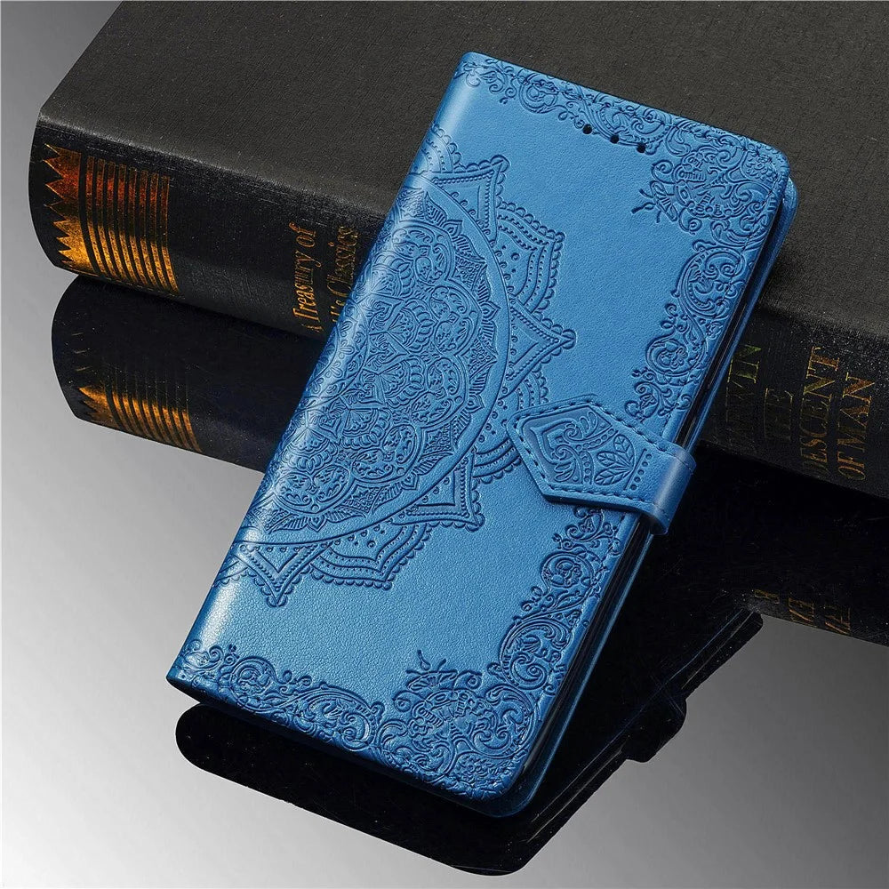 Embossed Mandala Flower Wallet Stand Leather Phone Case for Samsung Galaxy A20s - Blue - 3