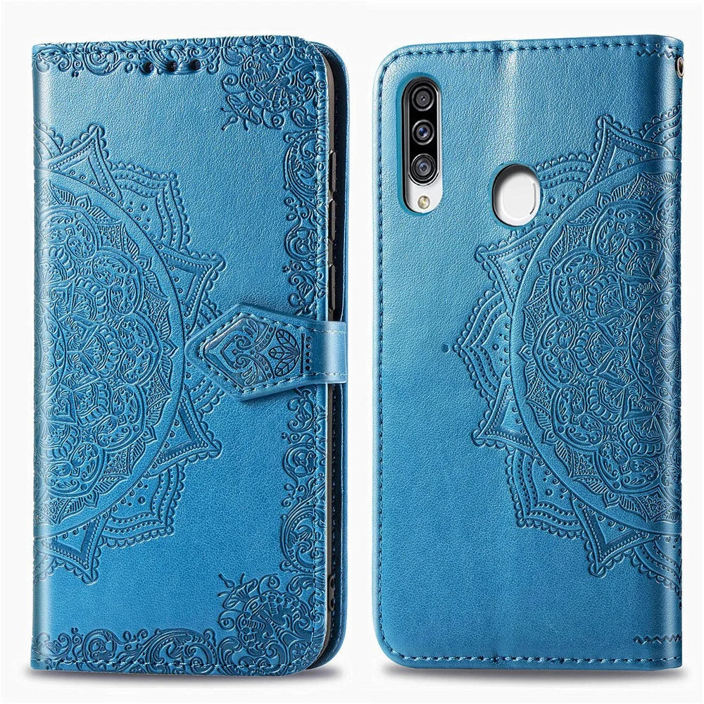 Embossed Mandala Flower Wallet Stand Leather Phone Case for Samsung Galaxy A20s - Blue - 4