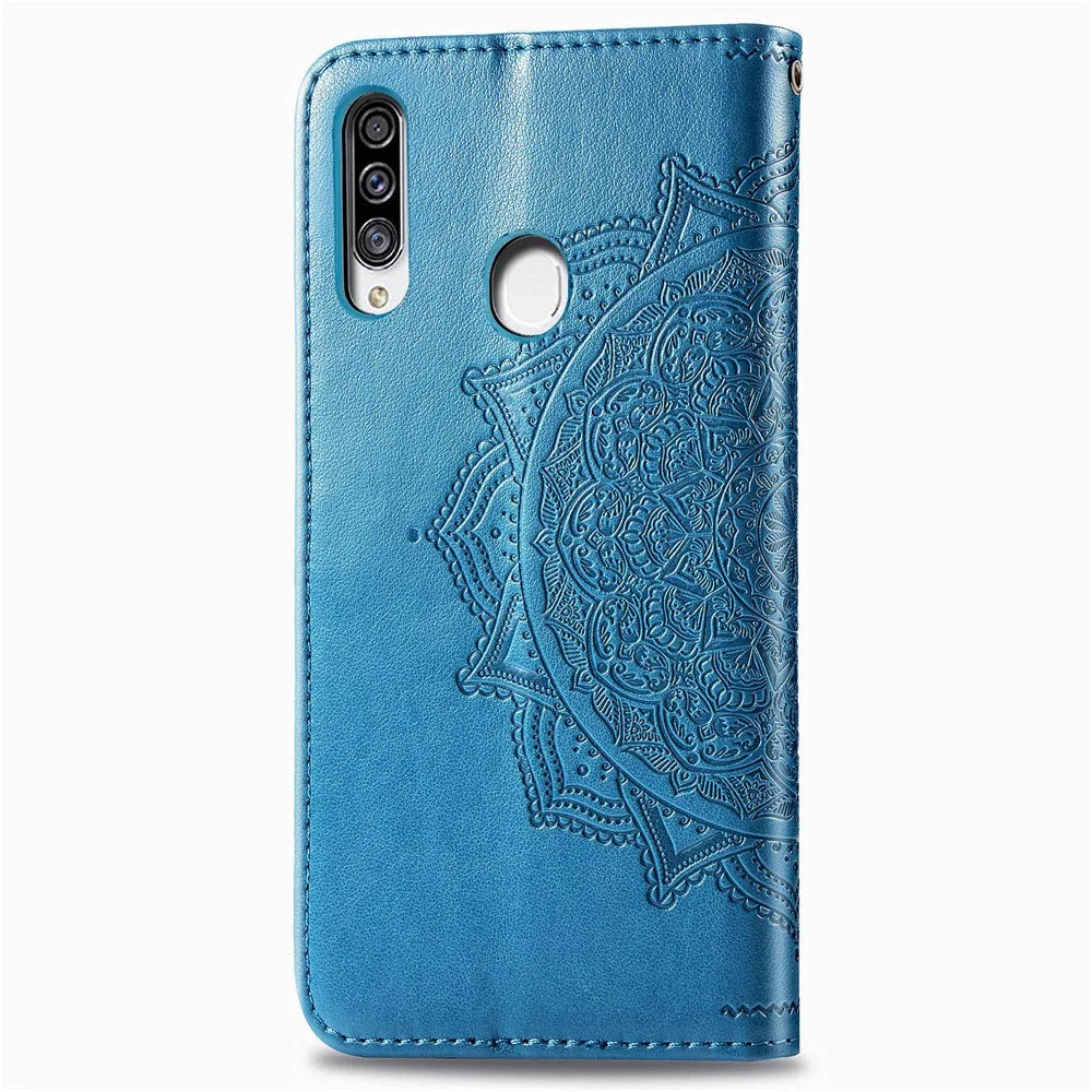 Embossed Mandala Flower Wallet Stand Leather Phone Case for Samsung Galaxy A20s - Blue - 6