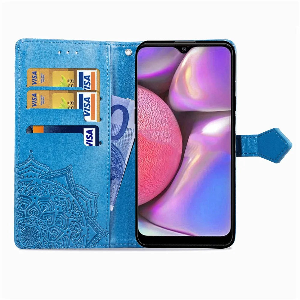 Embossed Mandala Flower Wallet Stand Leather Phone Case for Samsung Galaxy A20s - Blue - 7