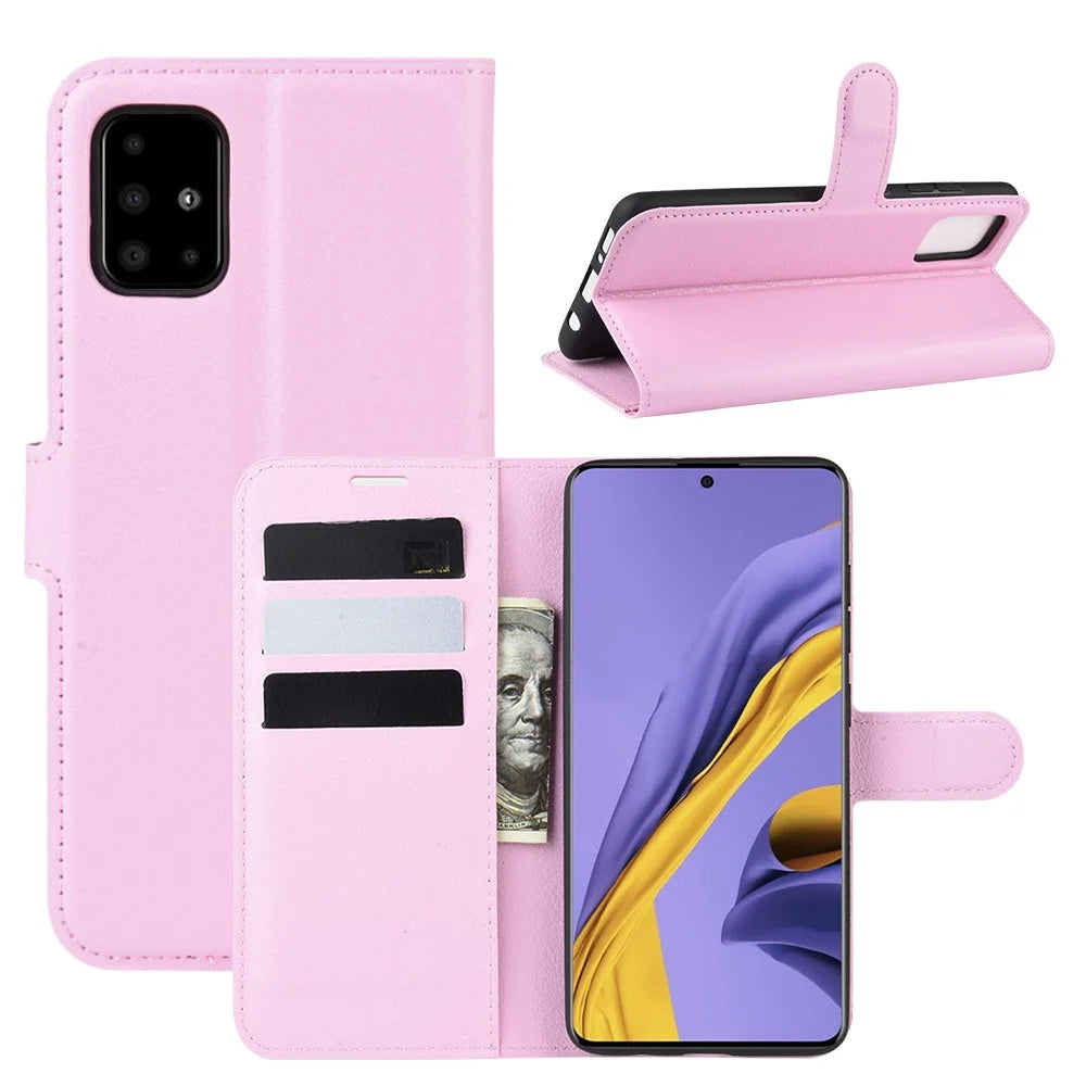 Litchi Skin PU Leather Wallet Phone Case Magnetic Closure Shockproof Flip Stand Cover for Samsung Galaxy A51 4G - Pink - 1