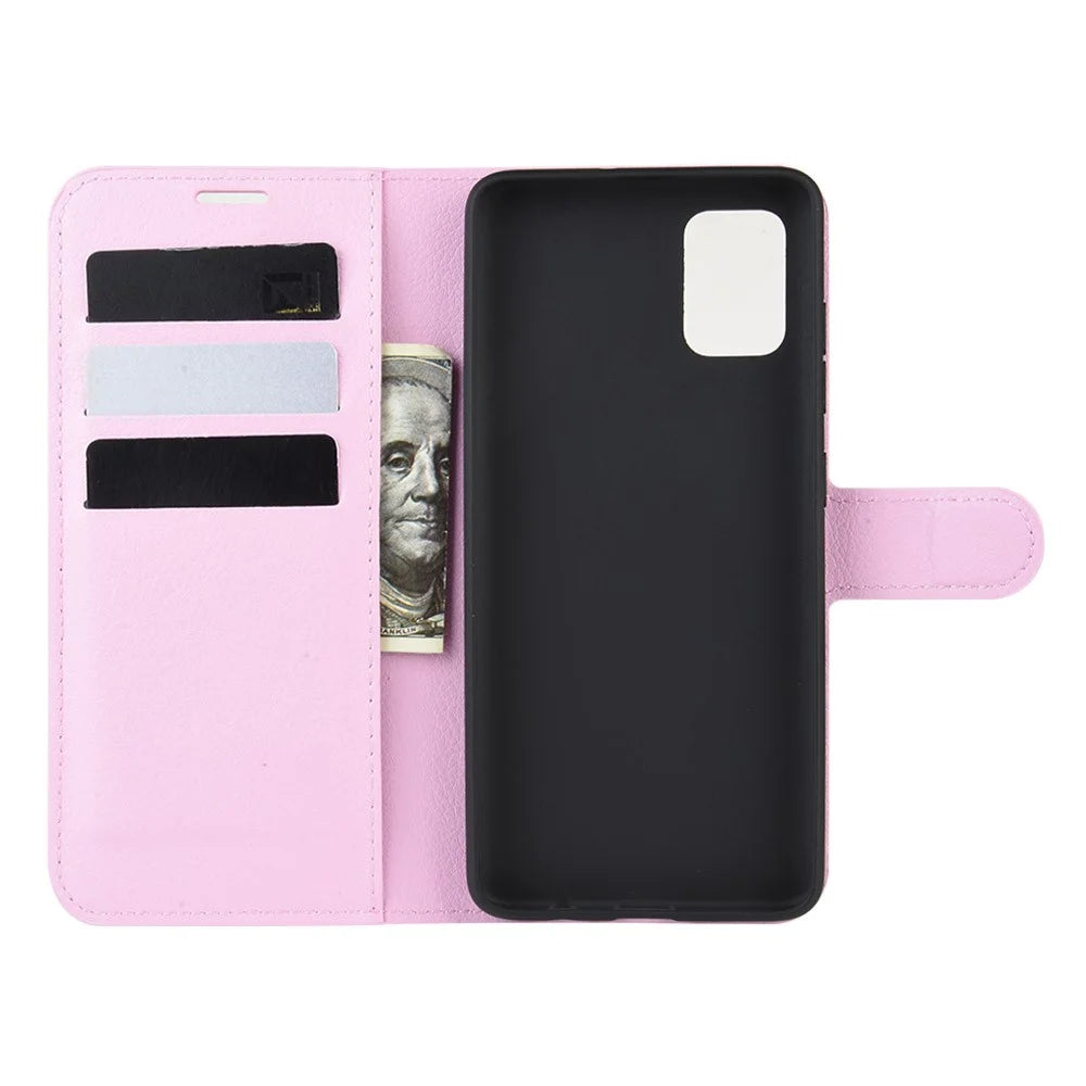 Litchi Skin PU Leather Wallet Phone Case Magnetic Closure Shockproof Flip Stand Cover for Samsung Galaxy A51 4G - Pink - 3