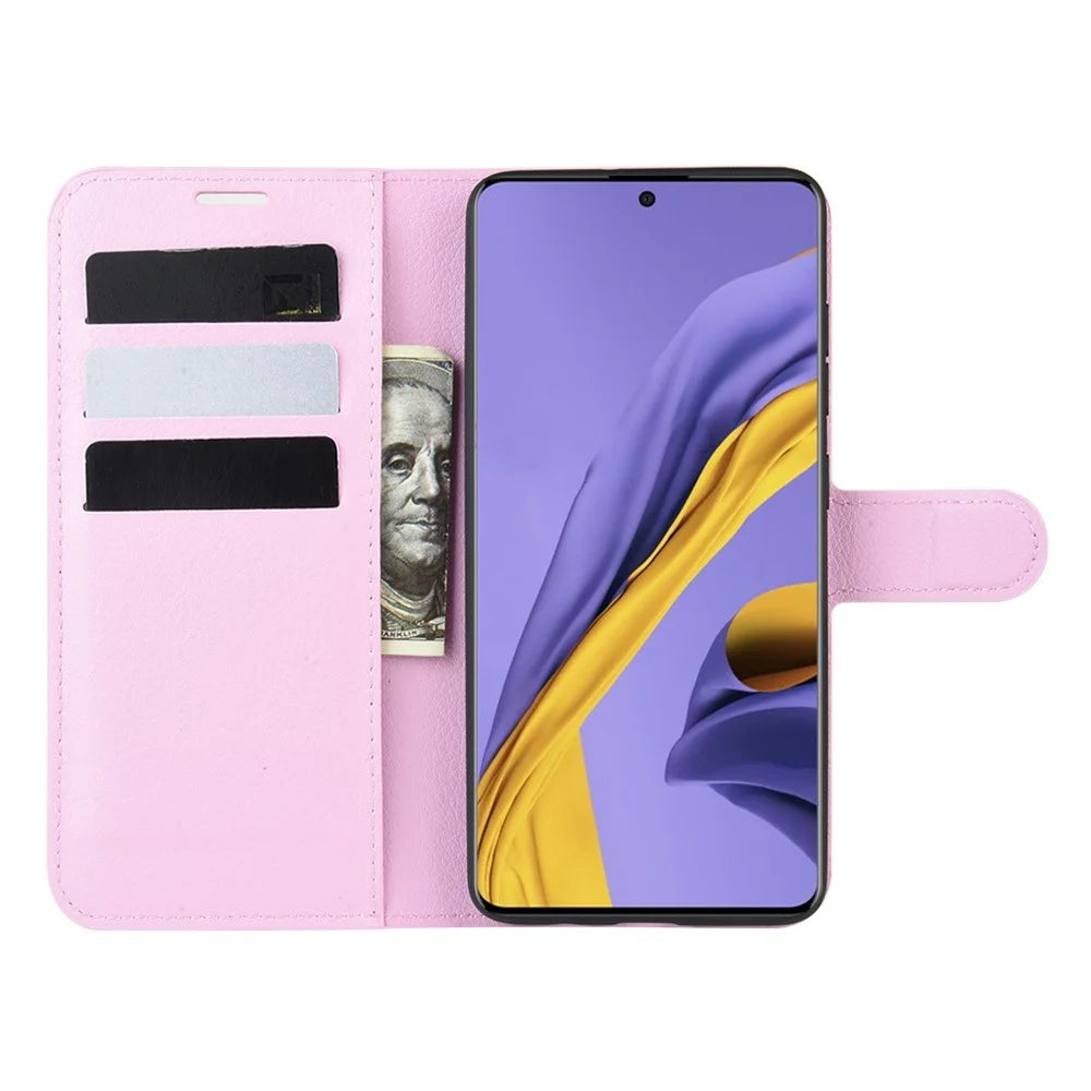 Litchi Skin PU Leather Wallet Phone Case Magnetic Closure Shockproof Flip Stand Cover for Samsung Galaxy A51 4G - Pink - 4
