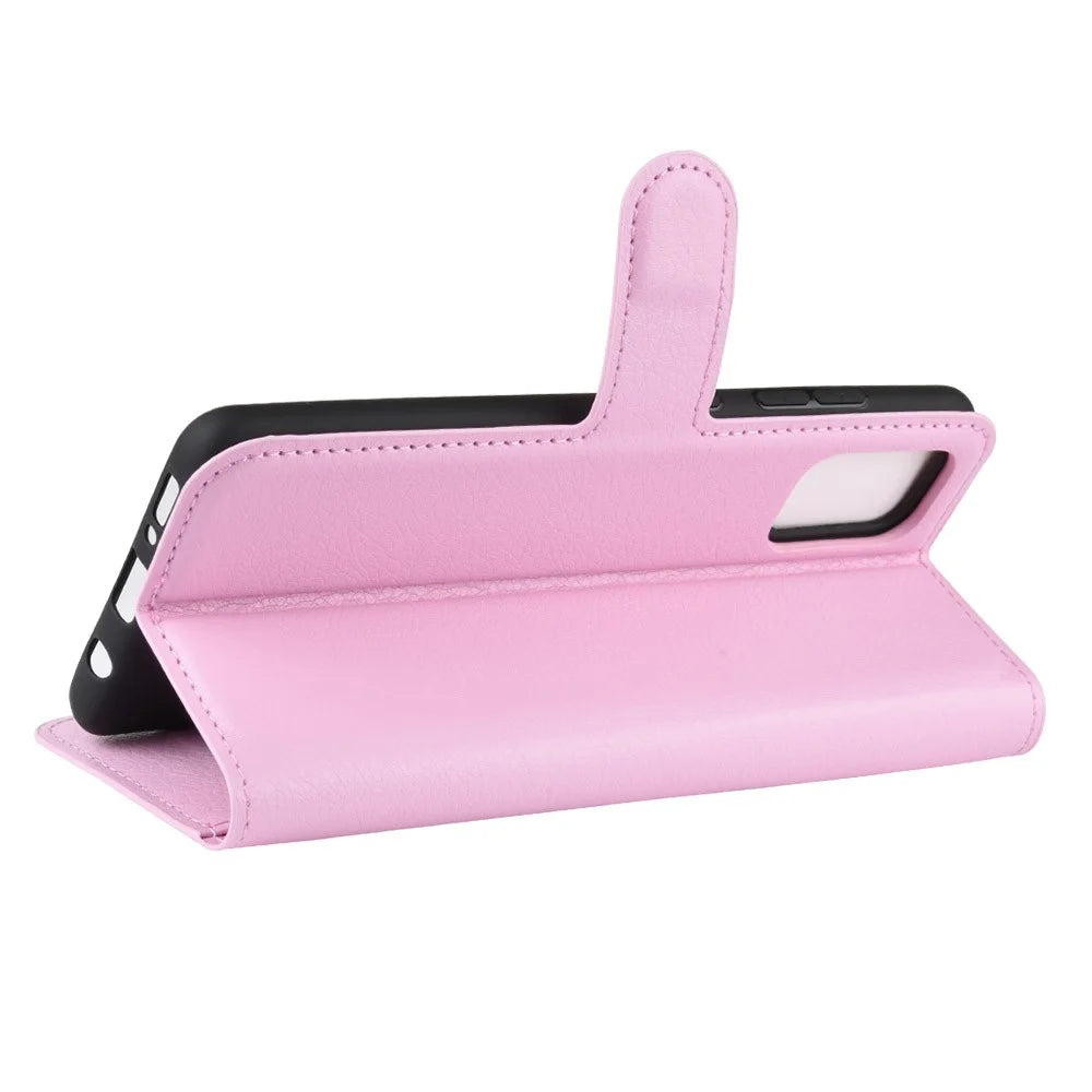 Litchi Skin PU Leather Wallet Phone Case Magnetic Closure Shockproof Flip Stand Cover for Samsung Galaxy A51 4G - Pink - 5