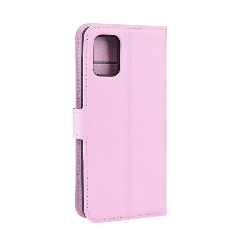 Litchi Skin PU Leather Wallet Phone Case Magnetic Closure Shockproof Flip Stand Cover for Samsung Galaxy A51 4G - Pink - 6