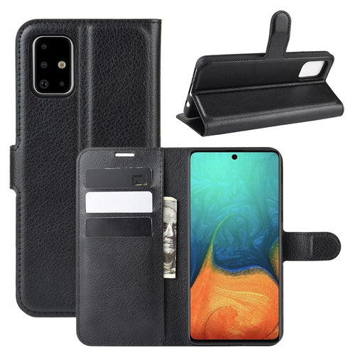 Litchi Skin Leather Wallet Case for Samsung Galaxy A71 Adjustable Stand Design Phone Case - Black - 1