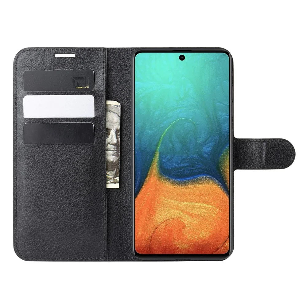 Litchi Skin Leather Wallet Case for Samsung Galaxy A71 Adjustable Stand Design Phone Case - Black - 4