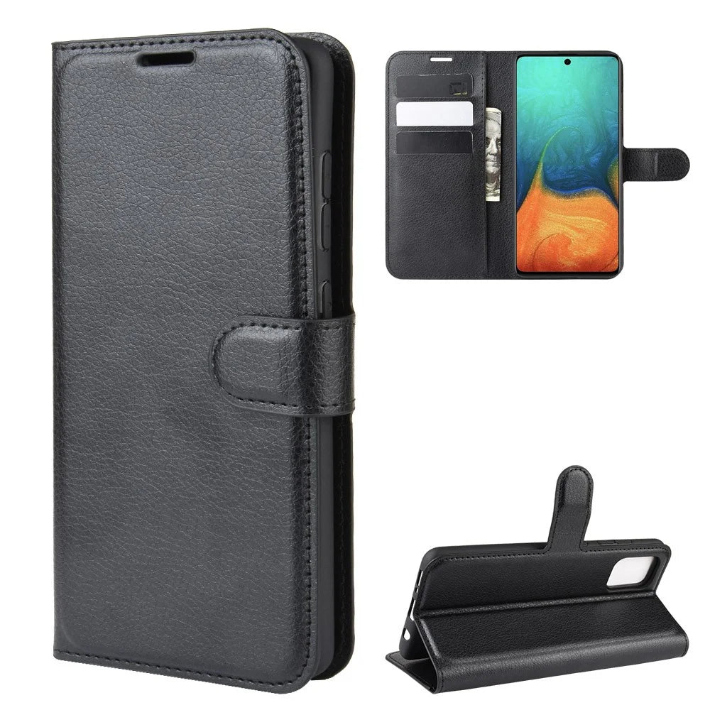 Litchi Skin Leather Wallet Case for Samsung Galaxy A71 Adjustable Stand Design Phone Case - Black - 7
