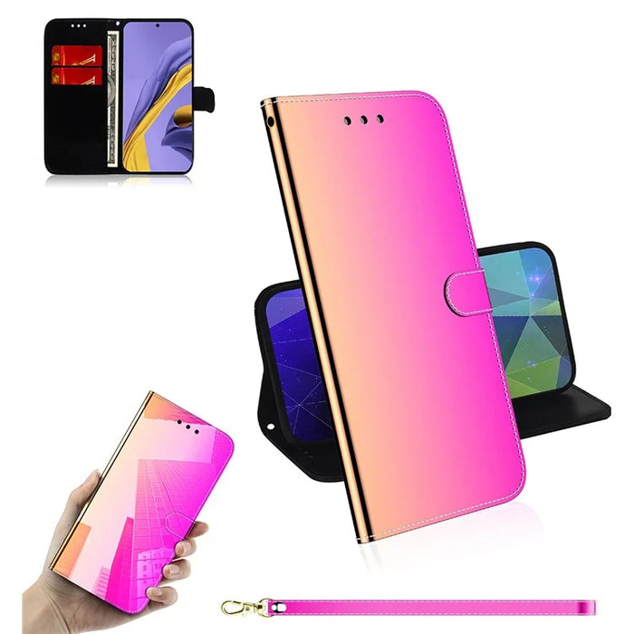 Mirror-like Surface Leather Wallet Cell Phone Case with Strap for Samsung Galaxy A51 - Rose - 1
