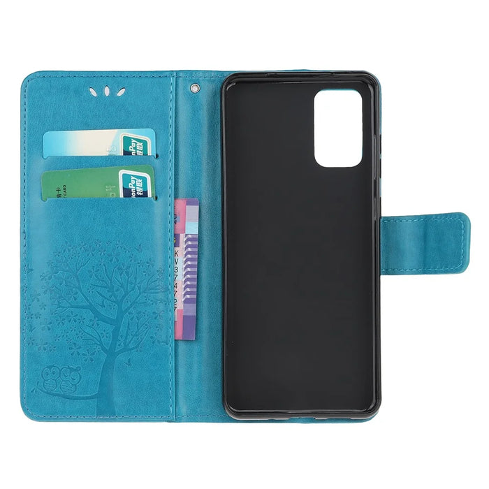 Imprint Tree Owl Leather Wallet Phone Shell for Samsung Galaxy S20 4G/S20 5G - Blue - 5
