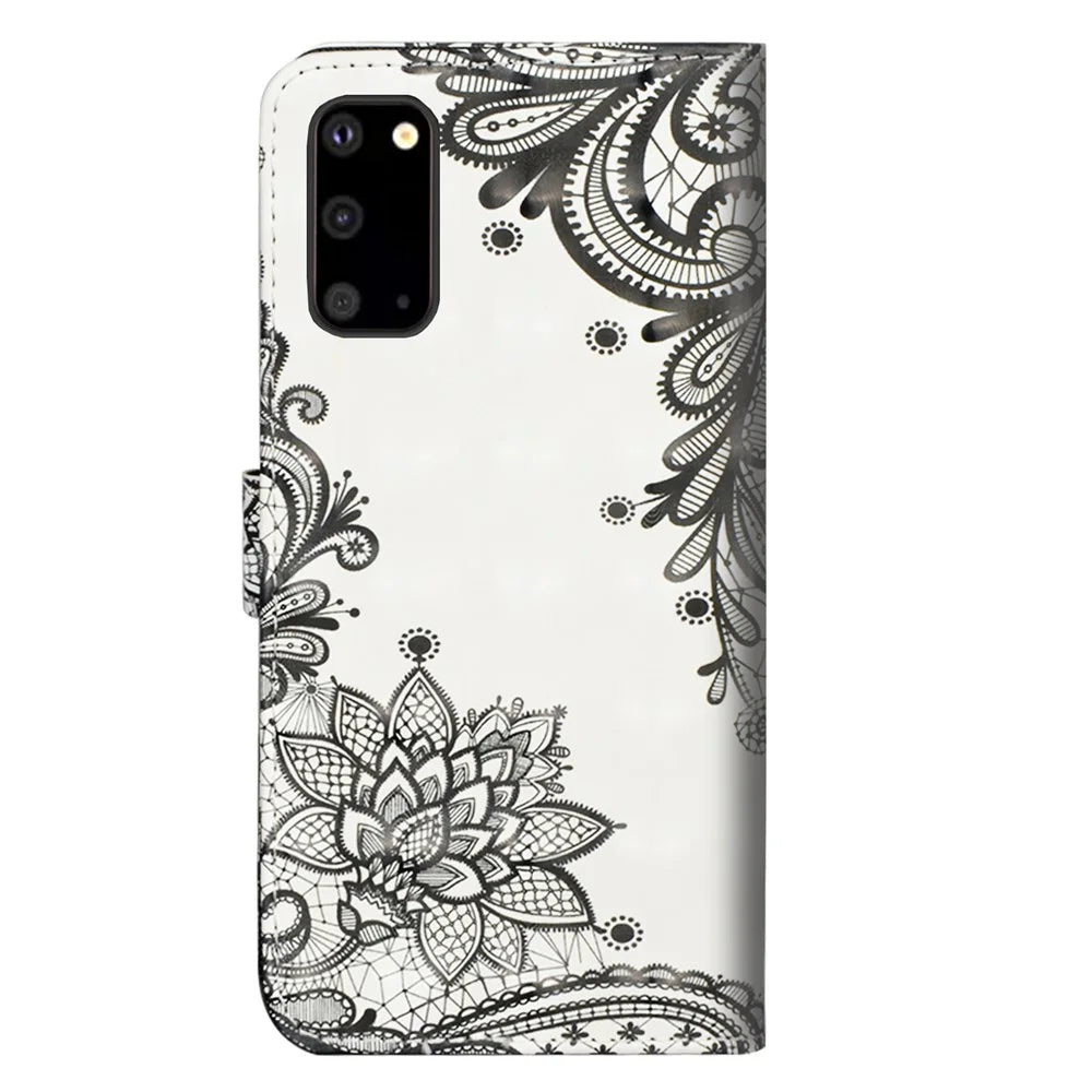 Light Spot Decor Patterned Leather Wallet Case for Samsung Galaxy S20 Plus - Black Flower - 2