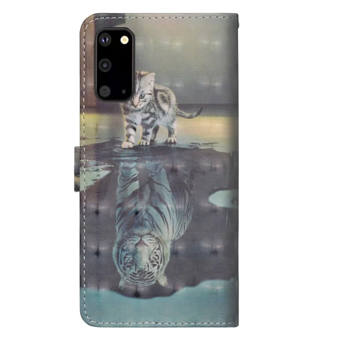 Light Spot Decor Patterned Leather Shell Stand Case for Samsung Galaxy S20 Ultra - Cat and Tiger - 2
