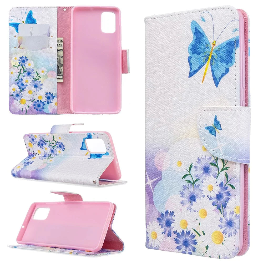 Pattern Printing Leather Wallet Case for Samsung Galaxy A51 - Blue Butterfly and Flowers - 1