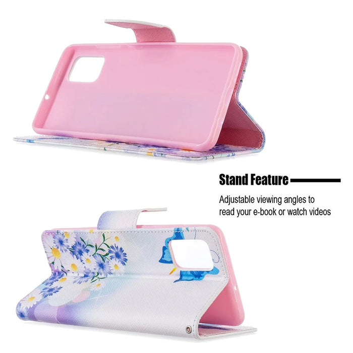 Pattern Printing Leather Wallet Case for Samsung Galaxy A51 - Blue Butterfly and Flowers - 5