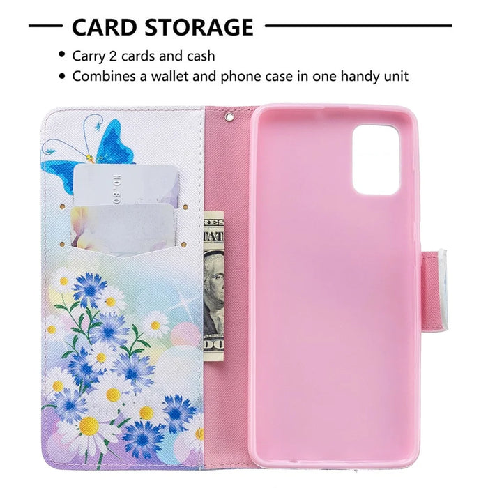 Pattern Printing Leather Wallet Case for Samsung Galaxy A51 - Blue Butterfly and Flowers - 6