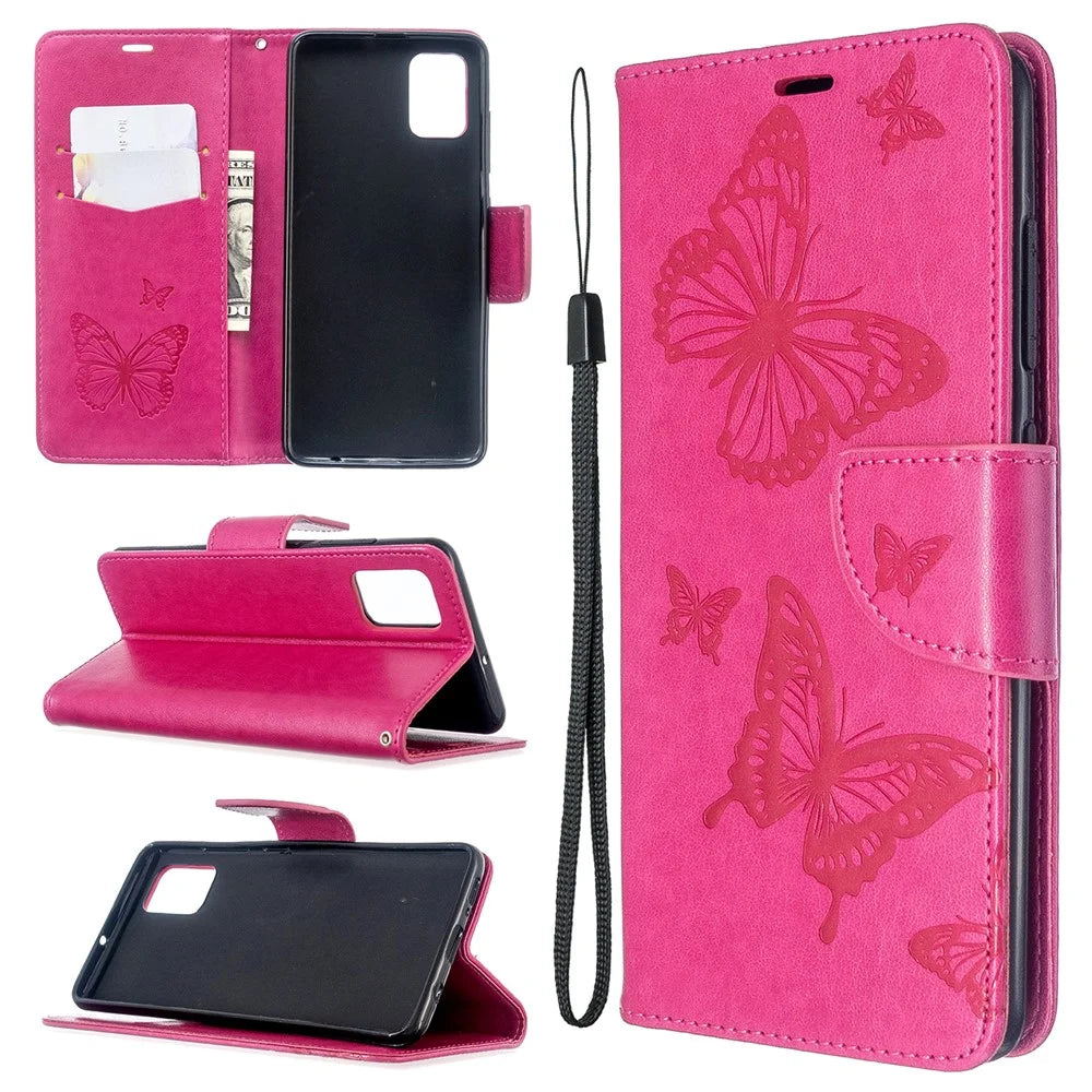 Imprint Butterfly Wallet Leather Stand Case for Samsung Galaxy A51 - Rose - 1