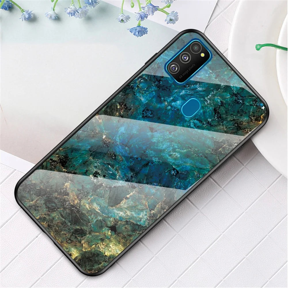 Marble Grain Pattern Tempered Glass PC + TPU Combo Case for Samsung Galaxy M30s/M21 - Emerald - 1