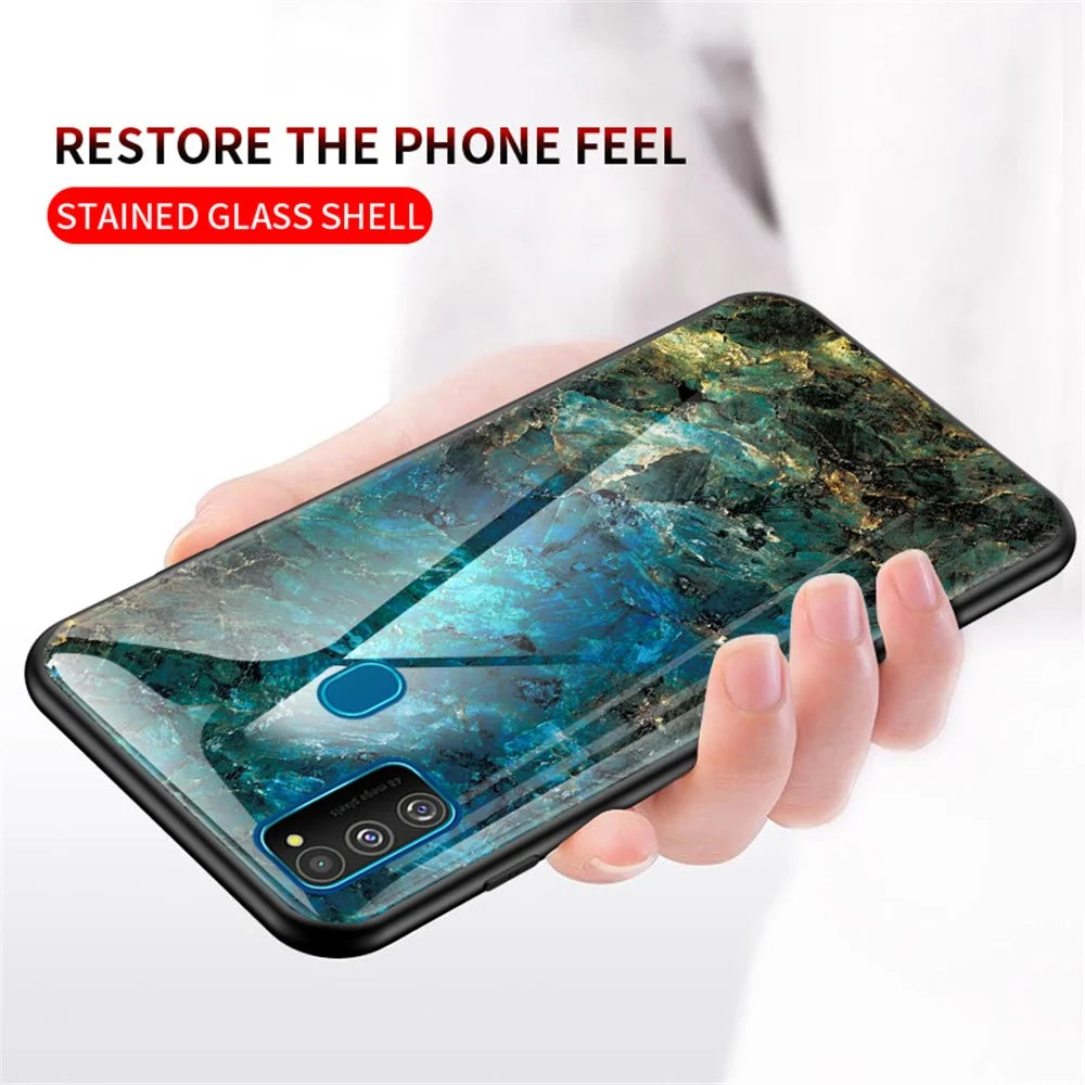 Marble Grain Pattern Tempered Glass PC + TPU Combo Case for Samsung Galaxy M30s/M21 - Emerald - 5