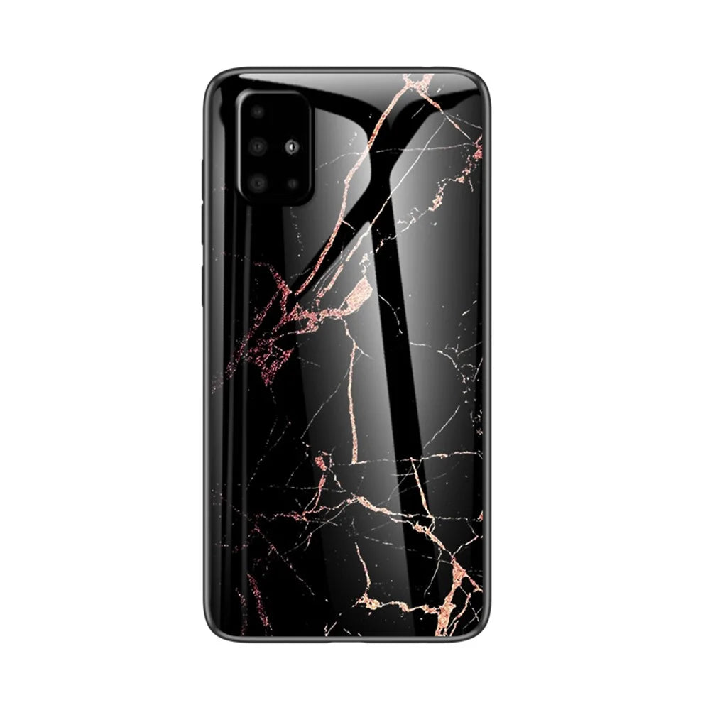 Marble Pattern Phone Case for Samsung Galaxy A51 4G, Tempered Glass + PC Back Soft TPU Frame Anti-Scratch Hybrid Cover - Gold Black Marble - 1
