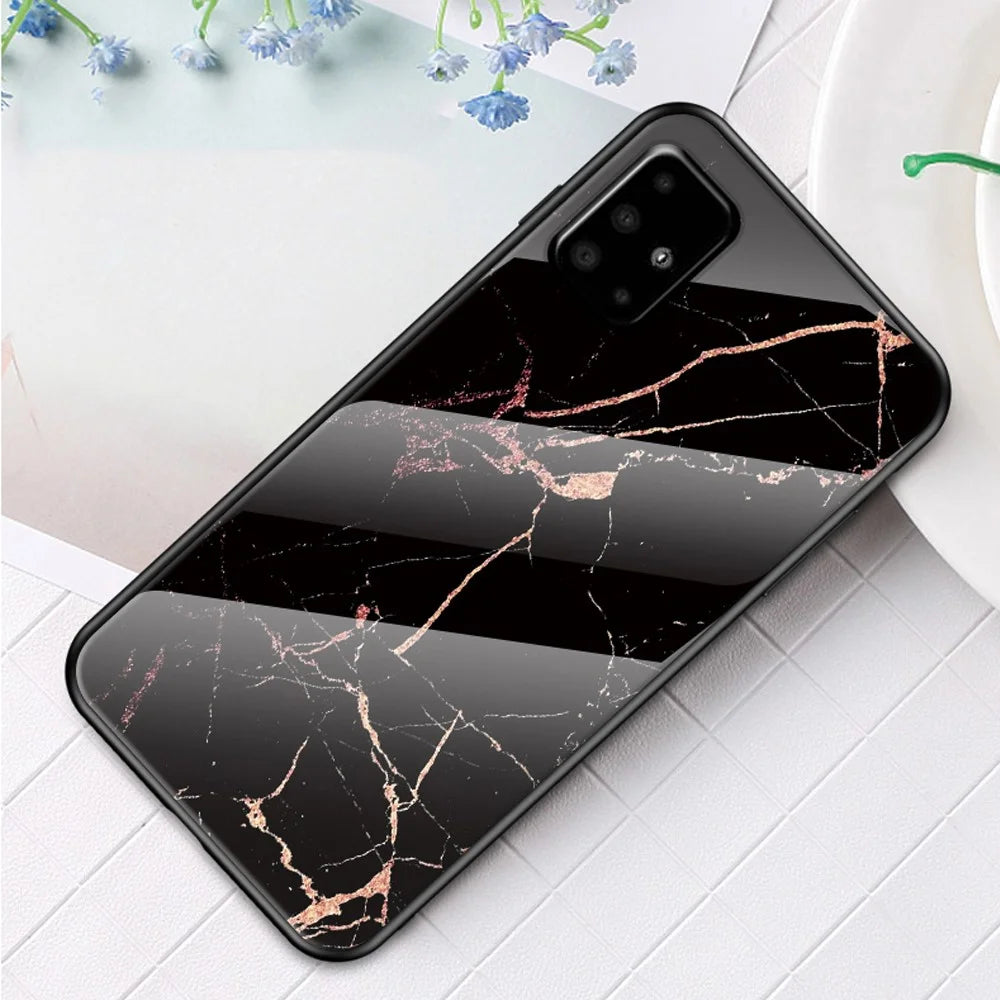 Marble Pattern Phone Case for Samsung Galaxy A51 4G, Tempered Glass + PC Back Soft TPU Frame Anti-Scratch Hybrid Cover - Gold Black Marble - 2