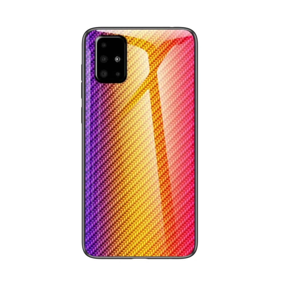 Carbon Fiber Texture Tempered Glass + PC + TPU Combo Casing for Samsung Galaxy A51 - Golden Fiber - 2