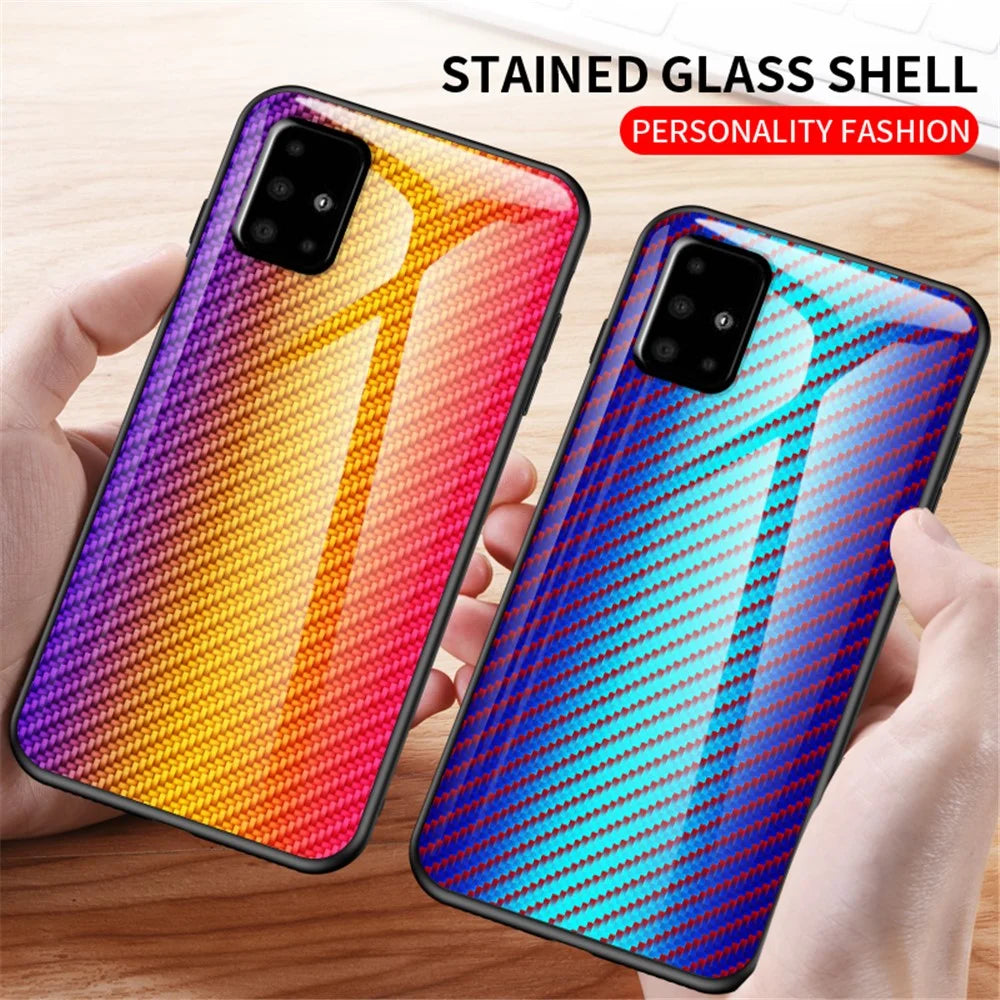 Carbon Fiber Texture Tempered Glass + PC + TPU Combo Casing for Samsung Galaxy A51 - Golden Fiber - 3