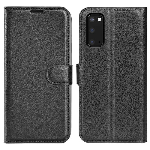 Litchi Surface Wallet Leather Stand Case for Samsung Galaxy S20 4G / S20 5G Cell Phone Case Shell - Black - 1