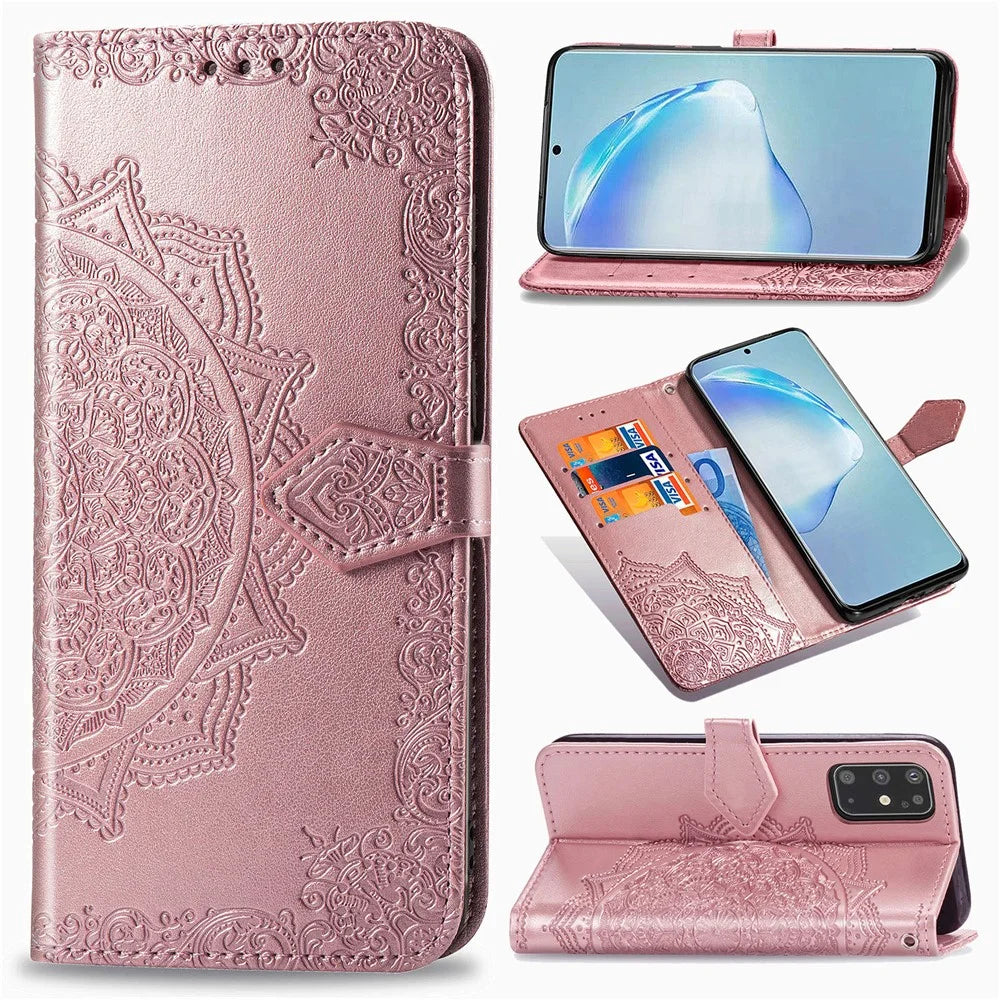 Embossed Mandala Flower Leather Covering for Samsung Galaxy S20 Plus - Rose Gold - 1