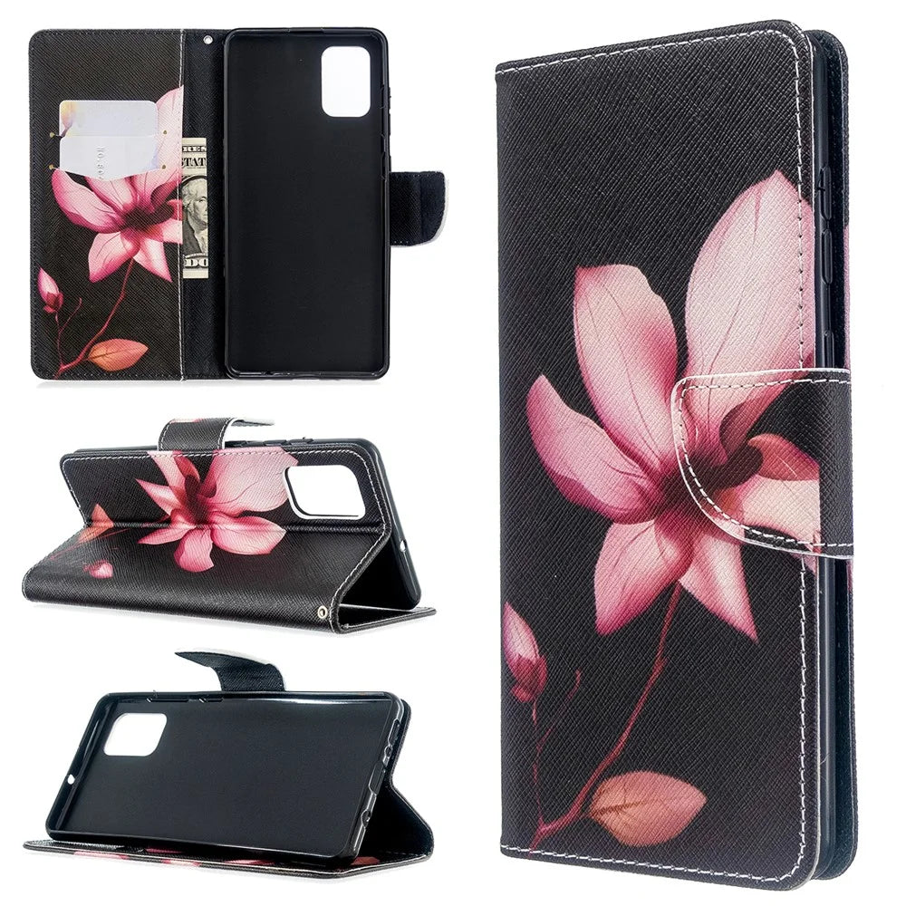 Pattern Printing Wallet Stand Flip Leather Case for Samsung Galaxy A71 A715 - Red Flower - 1