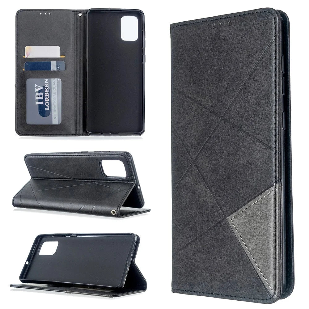 Geometric Pattern Stand Leather Case Card Holder Shell for Samsung Galaxy A71 A715 - Black - 1