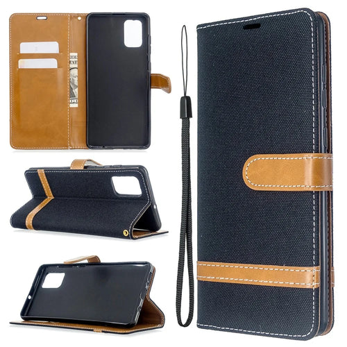 Color Splicing Jeans Cloth Skin Wallet Leather Case for Samsung Galaxy A71 A715 - Black - 1