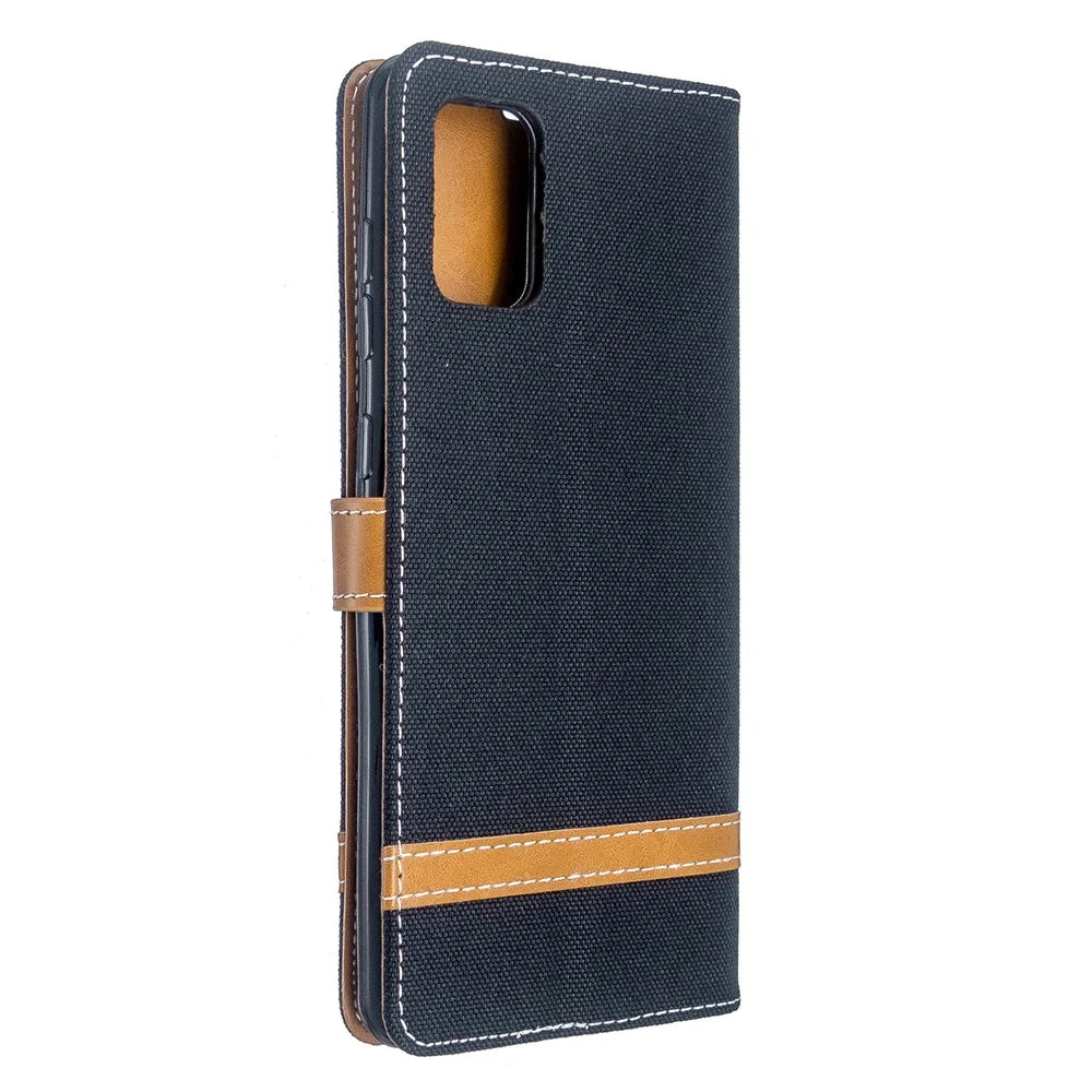Color Splicing Jeans Cloth Skin Wallet Leather Case for Samsung Galaxy A71 A715 - Black - 3