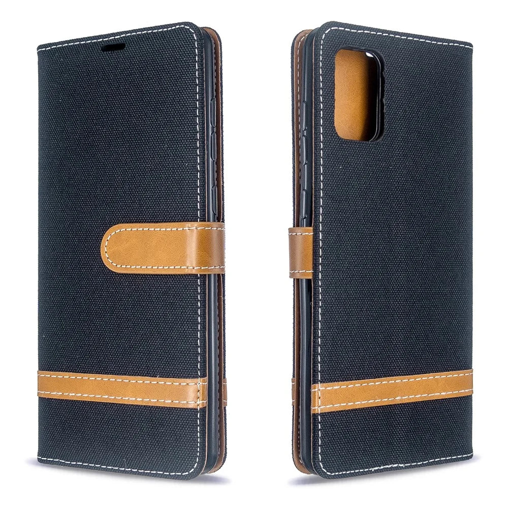 Color Splicing Jeans Cloth Skin Wallet Leather Case for Samsung Galaxy A71 A715 - Black - 4