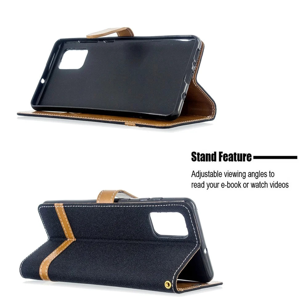 Color Splicing Jeans Cloth Skin Wallet Leather Case for Samsung Galaxy A71 A715 - Black - 5