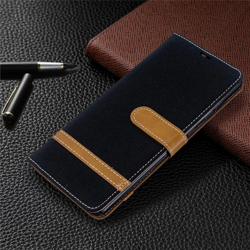 Color Splicing Jeans Cloth Skin Wallet Leather Case for Samsung Galaxy A71 A715 - Black - 7