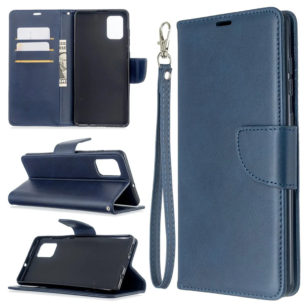 Solid Color PU Leather Wallet Stand Phone Casing for Samsung Galaxy A71 A715 - Dark Blue - 1