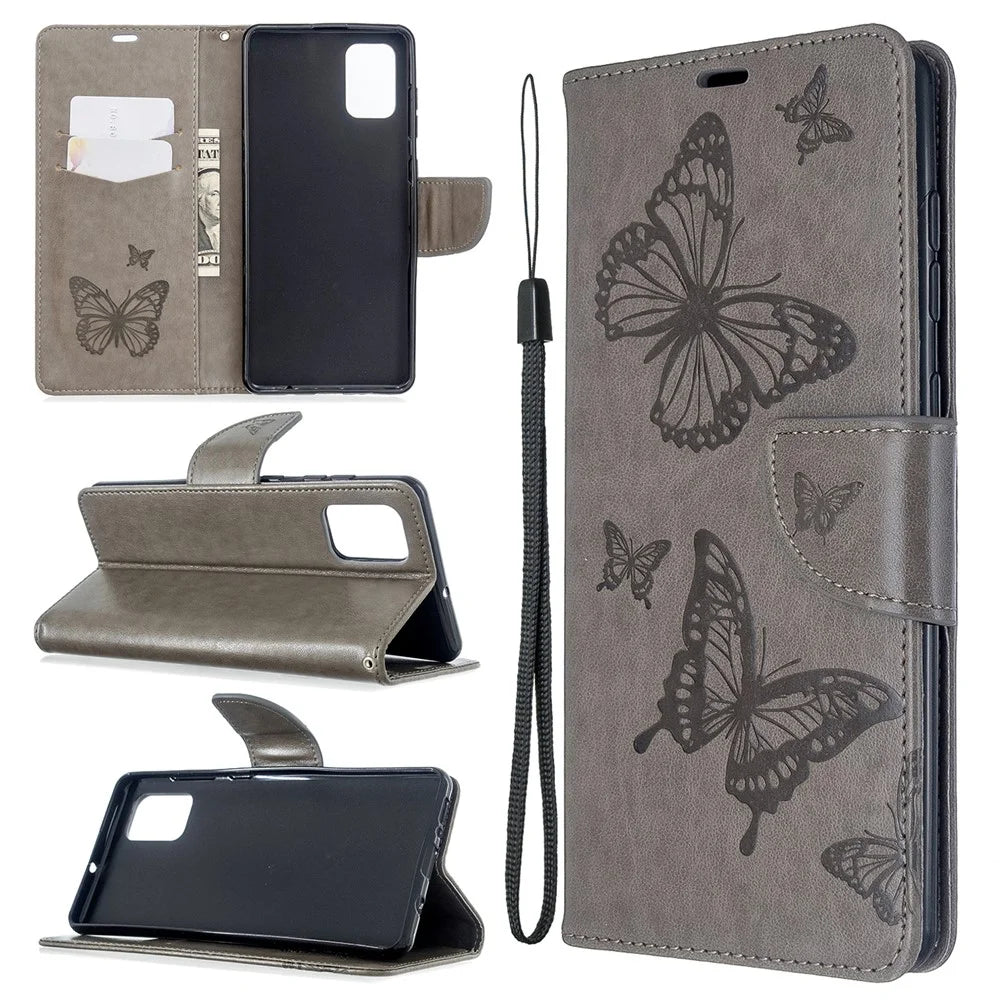 Imprint Butterflies Wallet Stand Flip Leather Case for Samsung Galaxy A71 A715 - Grey - 1