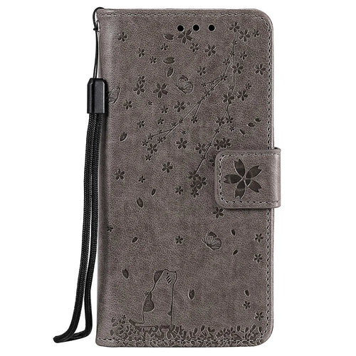 Imprint Flower Pattern Leather Wallet Stand Mobile Cover Case for Samsung Galaxy A51 - Grey - 1