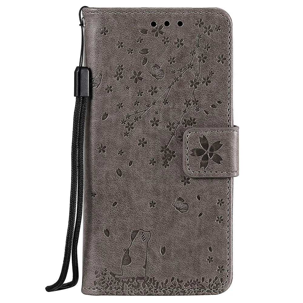 Imprint Flower Pattern Leather Wallet Stand Mobile Cover Case for Samsung Galaxy A51 - Grey - 1