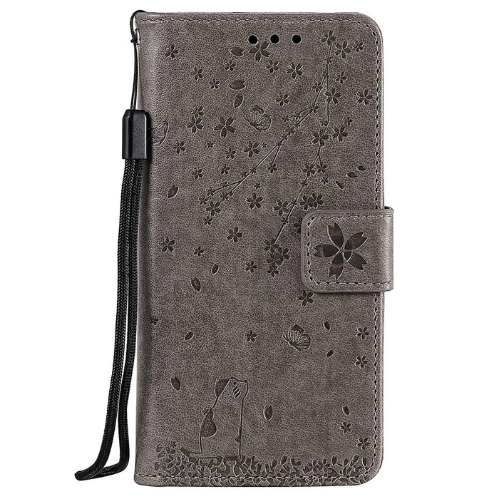 Imprint Flower Pattern Leather Wallet Stand Mobile Cover Case for Samsung Galaxy A51 - Grey - 1